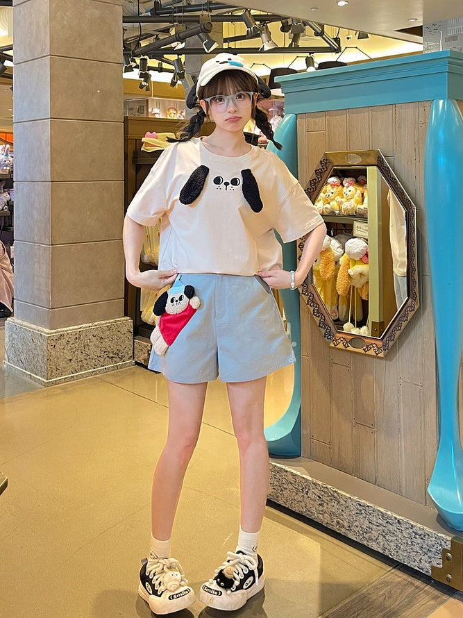 Waist Plush Puppy Applique Light Blue High Straight-leg Shorts