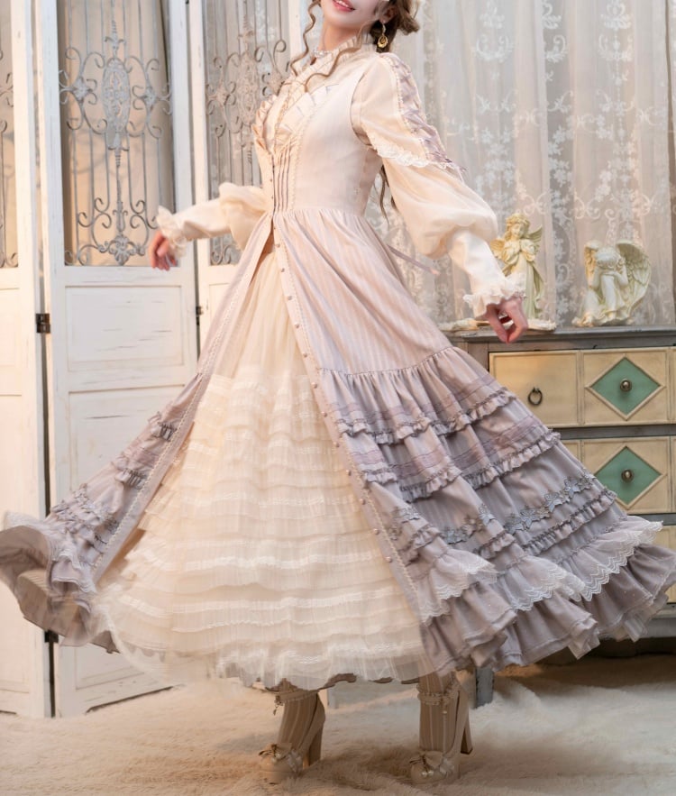 ユリの刺繍アップリケレイヤードヘムパープルクラシックロリータドレスフロントボタンプラケット