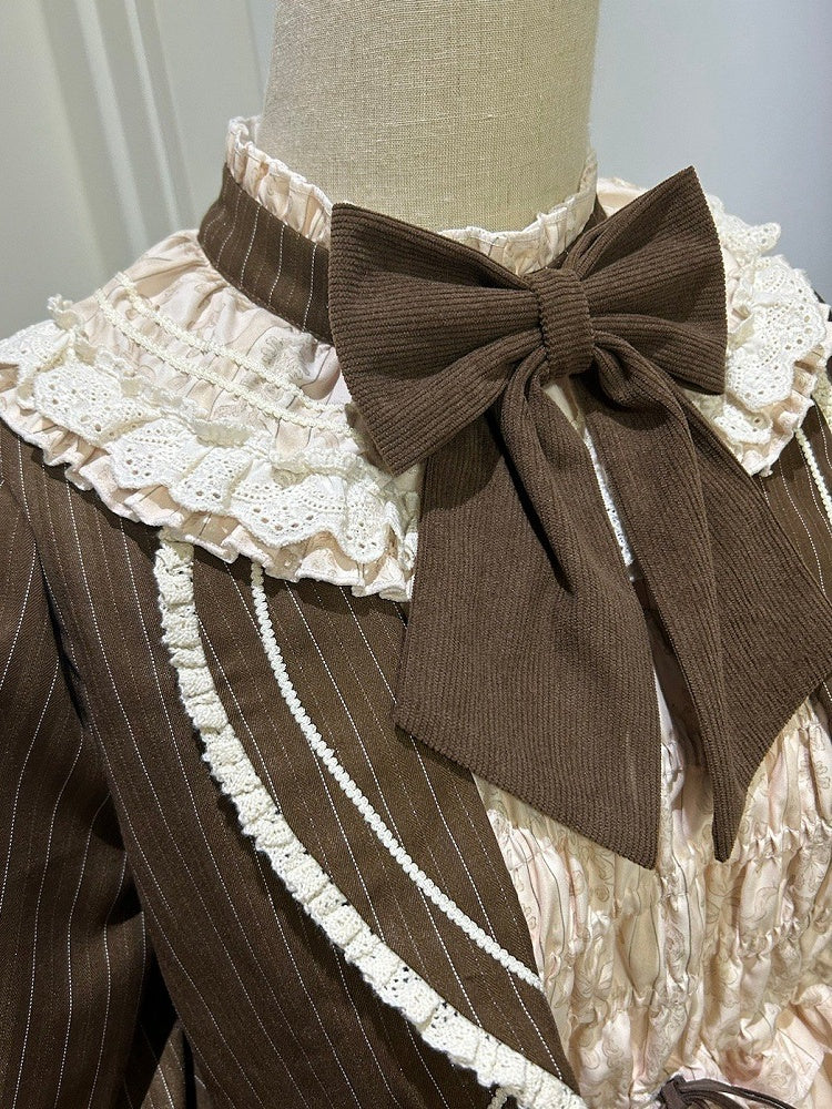Fake Pieces Design Coffee Creamy Lolita House Print Dress Sleeves Long Teddy Two