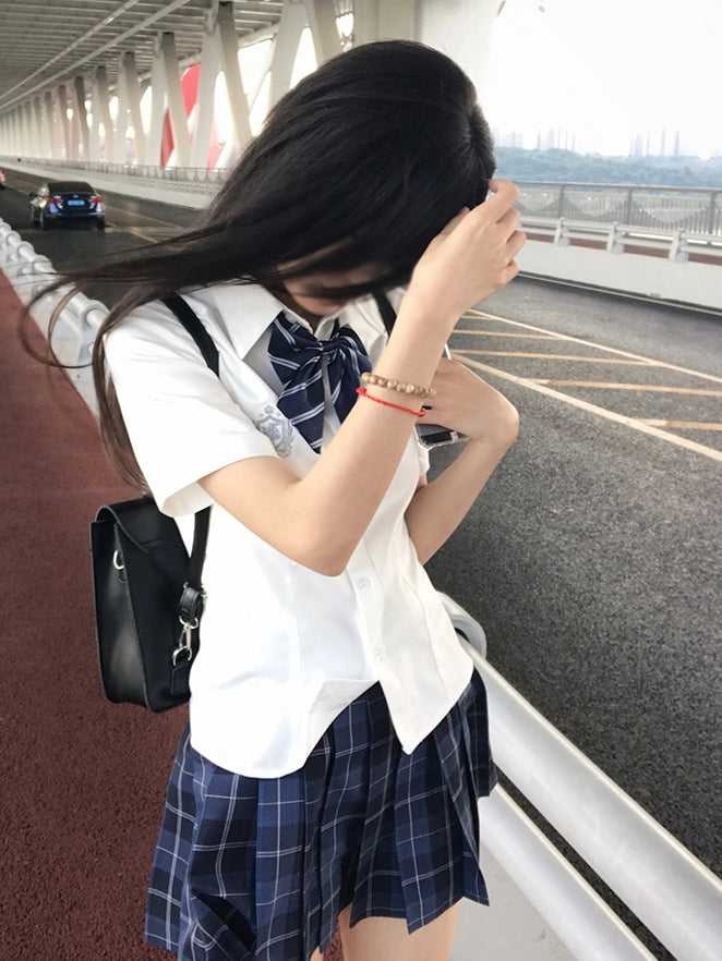 Badge Embroidered Preppy Uniform Sleeves Style JK White Short Shirt