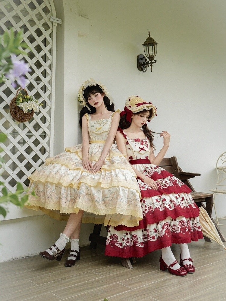 Klassisches Lolita-Teekannenrock-Print in Rot mit gestuftem Rosen-Blumenmuster und Pulloverkleid