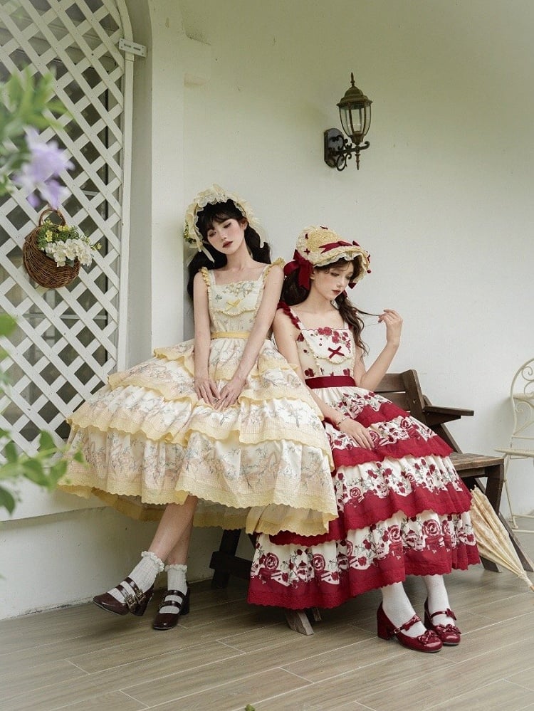 Lily Cherry – Gestuftes Blumenkleid, Lolita-Rock, Pullover, Gelb und klassischer Aufdruck