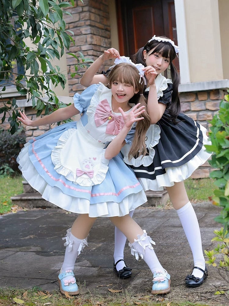 Pink and Blue Paw Apron Dress Lolita Sweet Maid Kitty Embroidery