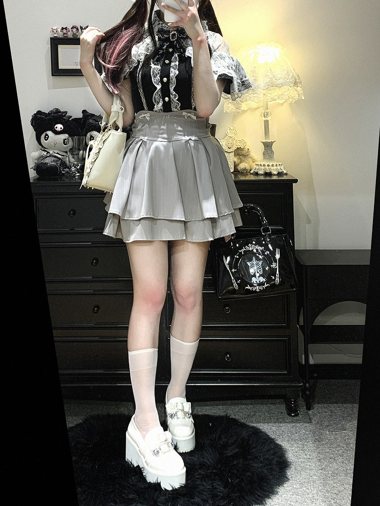 Jirai Kei Black/Blue/White Cutout Shoulder Cape Design Lace Blouse