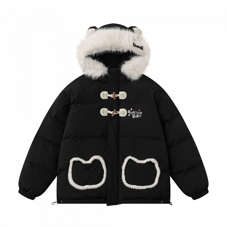 Schwarz/Rosa Pufferjacke mit Katzenohren-Design und Buchstaben
