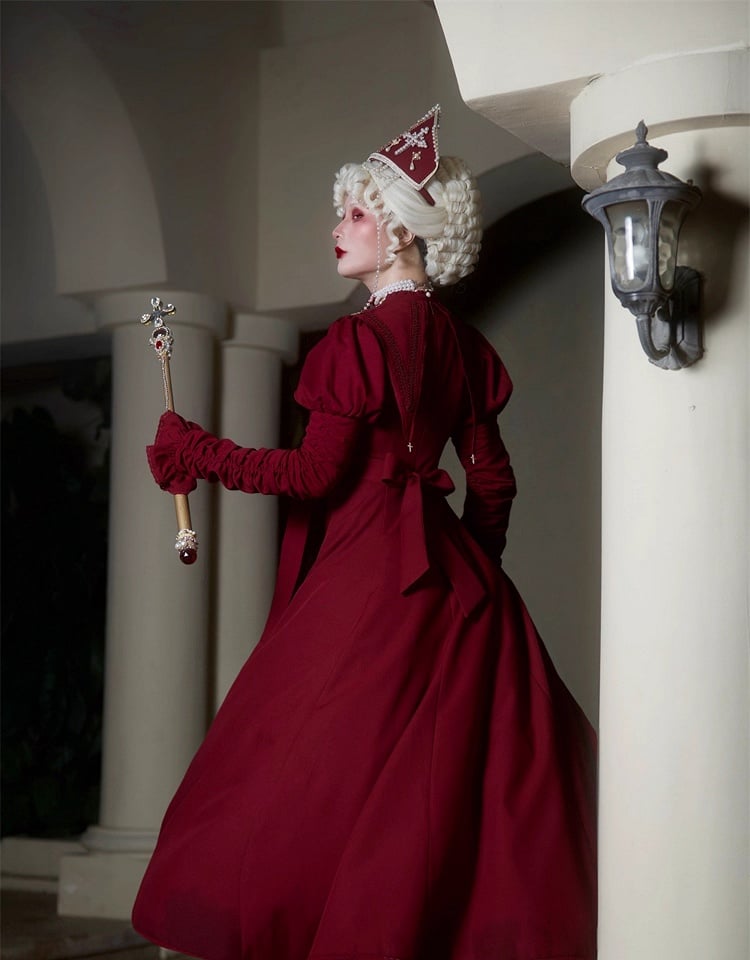 Wein Nonne Outfits Halloween Kleid Ärmel Kreuz Lolita Sammeln Stickerei Rot Juliette