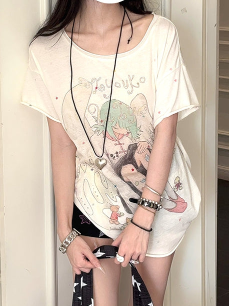 Cartoon Rundhals T-Shirt Engel Print Aprikose