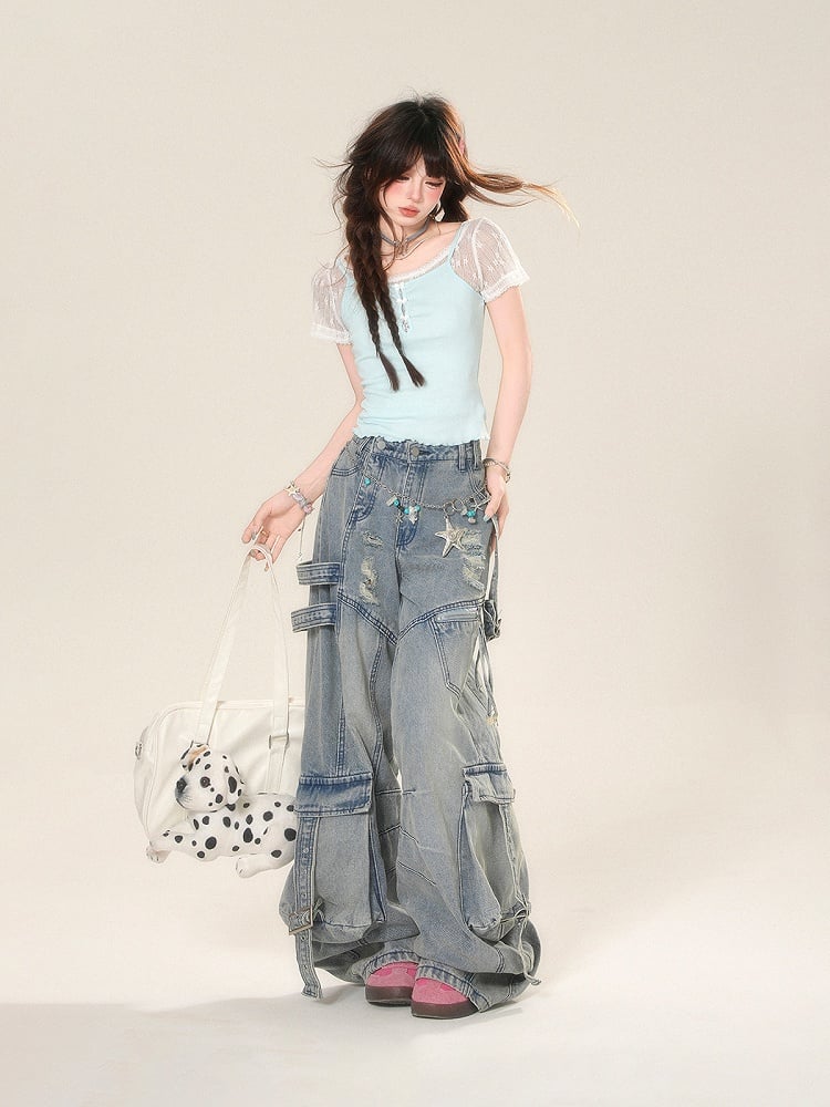 Wide-Leg Jeans Cargo Pockets Blue Distressed Holes Buckle Straps