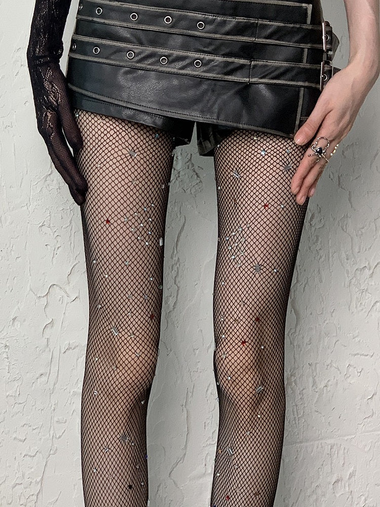 Y2K Fishnet White/Black/Coffee Rhinestone Tights