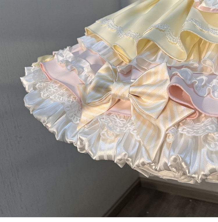 Theme Pink Yellow and Sleeves Puff Lolita Maid Sweet Bunny Dress