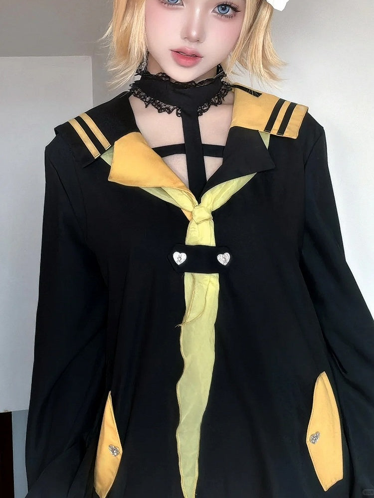Top Kei Halter Collar Yellow Black Sailor Inspired and Long Jirai Design Bold with Cross