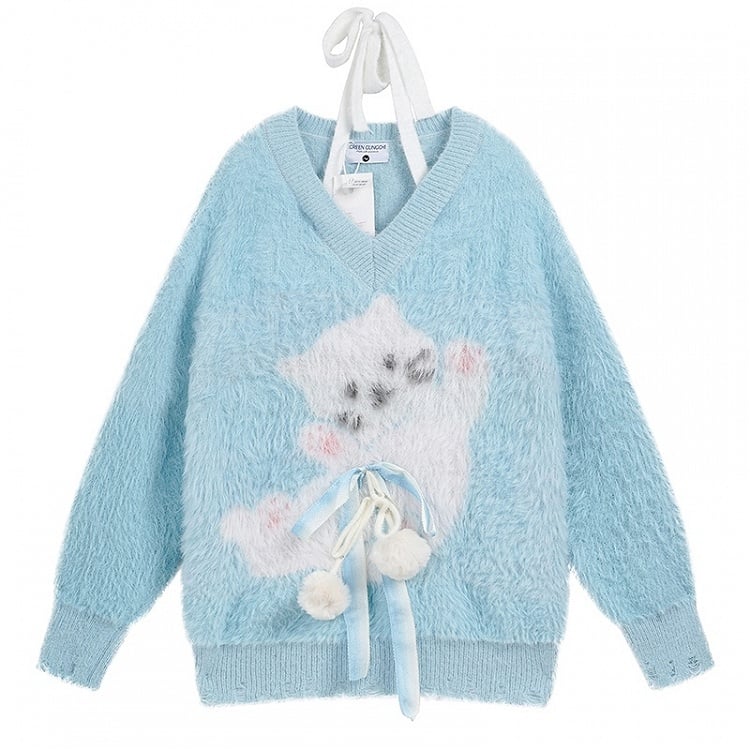 Light Blue/Pink Cute Cat Fuzzy V-Neck Halter Sweater