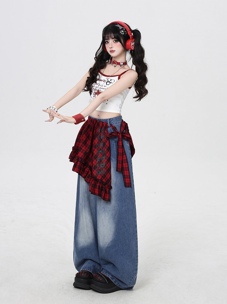 Rise Faded Wash Blue Low Wide-leg Jeans with Red Plaid Waist Accessory