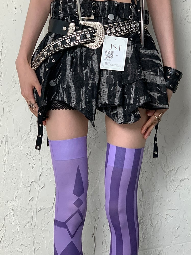 And Striped Asymmetrical Diamond Design Y2K Stockings Overknee Purple Pattern