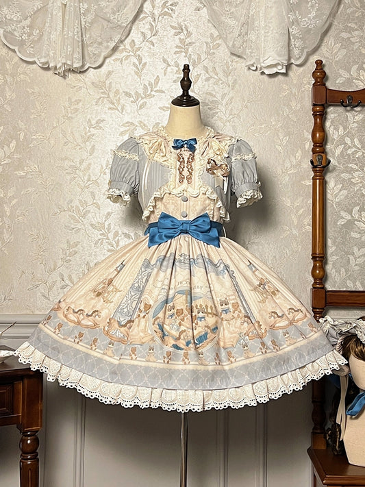 Blaues Lolita-Kleid mit Rüschen und Rundhalsausschnitt, Kätzchen- und Teddy-Print, Sweet Lolita OP