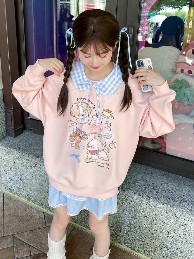 Adorable Cartoon Puppy Print Pink Round Loose Neck Sweatshirt