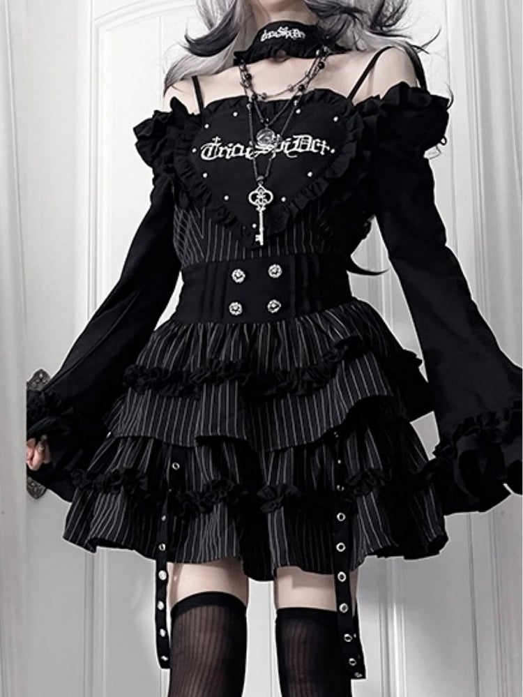 Pattern Off-the-shoulder Letter Neckline Print Bell Black Sleeves Striped Gothic Dress