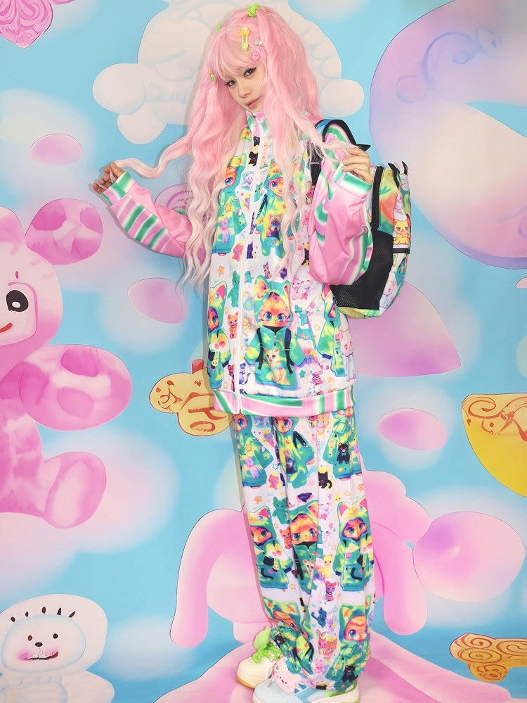 PinkGreen Cat Jacket Print Y2K
