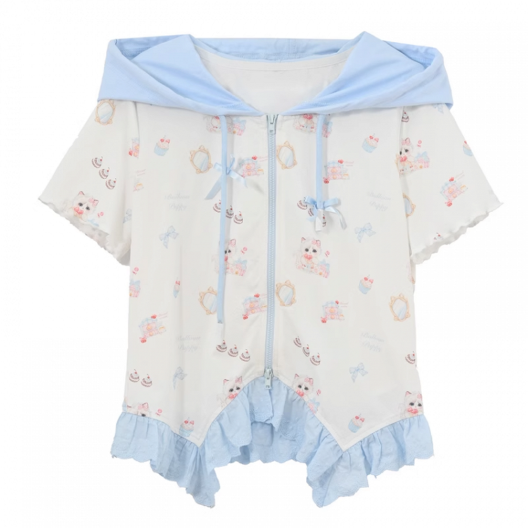 Zip-up Hooded Cute Kitty Print Curved Hem Lace Blue Trim T-Shirt