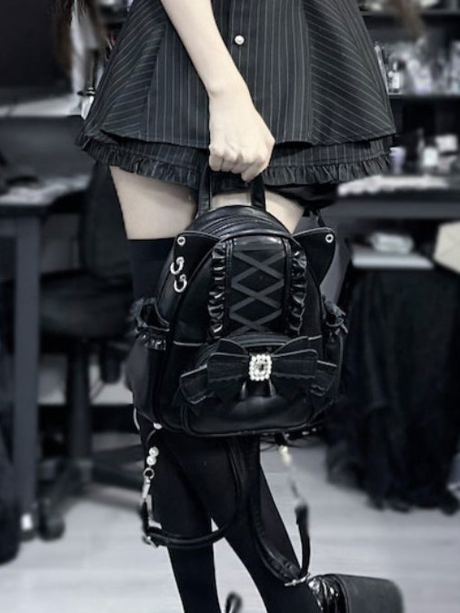 Black Kei Cat Ear Backpack With Beaded and Rhinestone Bow Jirai