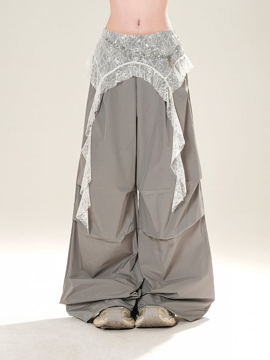 Gray/Black Low Light Rise Wide-Leg Pants with Waist Lace Accessory