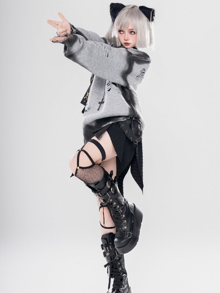 Y2K Black/Grey Butterfly Shaped Distressed Holes Round Neck Sweater