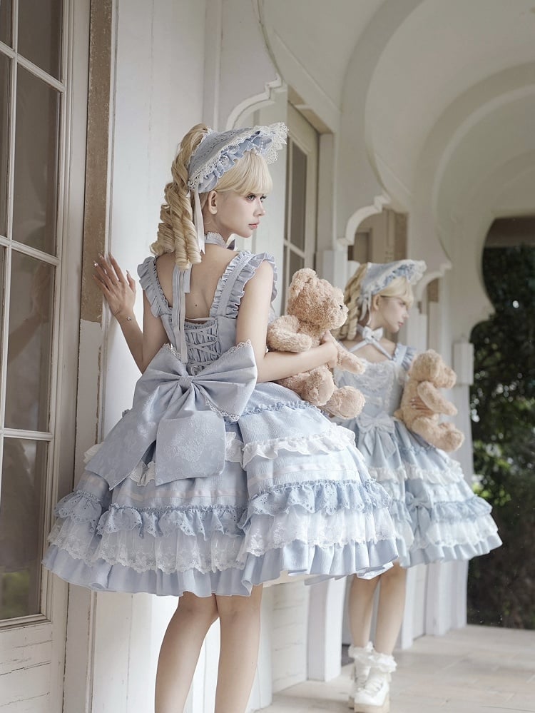 Blau-weißes Old School Lolita-Kleid mit Schleifen und herzförmiger Dekoration, Prinzessinnen-Lolita-Pulloverrock