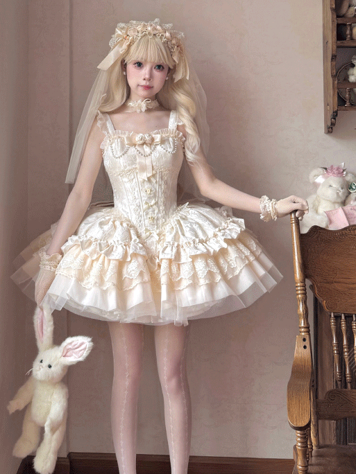 Puffy Dress Fabric with Boned Basque Waist Jacquard Beige JSK Big Hime Lolita Balletcore Bow Train