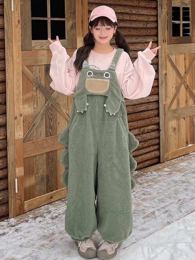 Süßer grüner Plüsch-Overall mit Dinosaurier-Motiv
