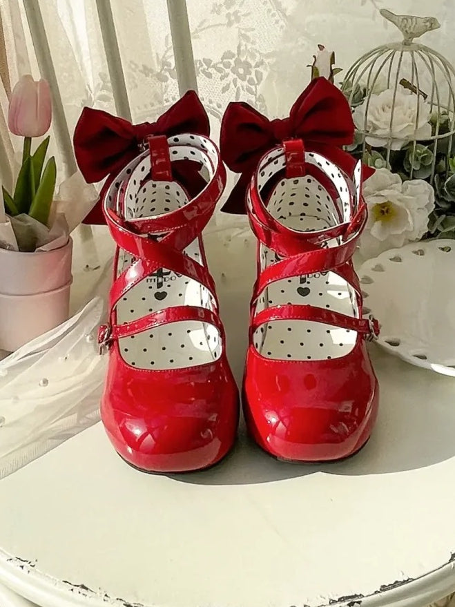 Accent Bow Crisscross Heels Mid Red Design Sweet Toe Round - Lolita