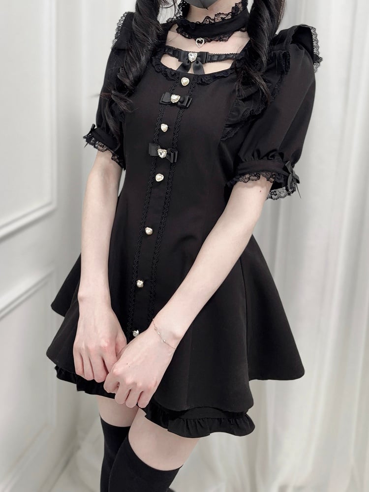 - Flutter Sleeves Self-tie Bow Back Mini Dress + Shorts Black + Set Jirai Kei Choker