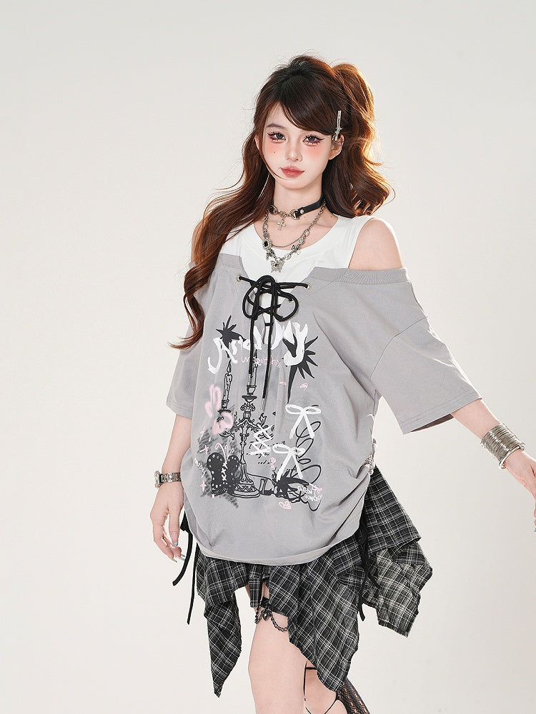 Lace-up Front Candlestick Print Black/Gray T-shirt