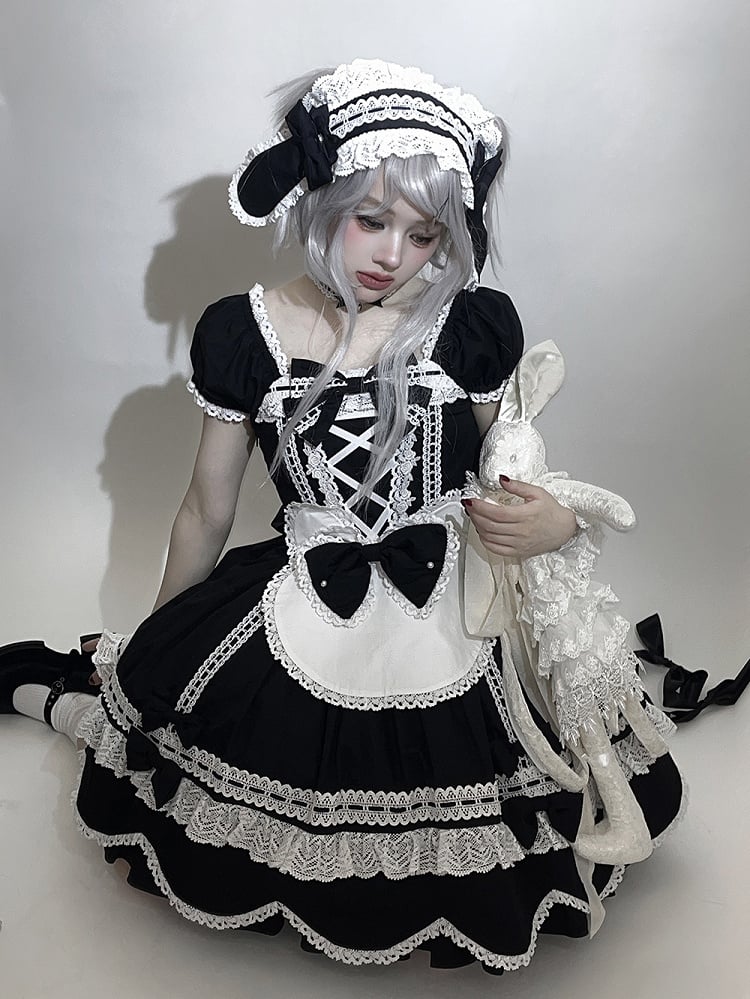 Lolita Sleeves Black Old Short Neckline School Piece Puff Square One and Dress Cotton
