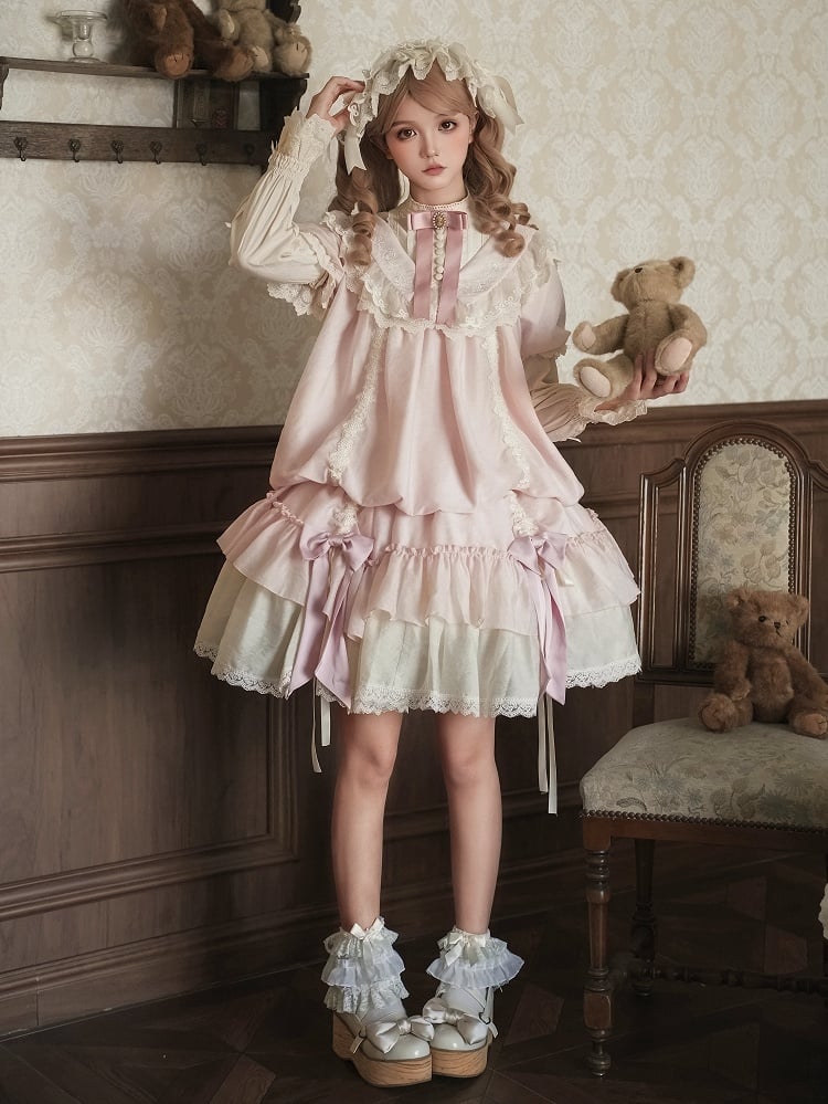 Loose Drawstring Pink Sleeves Lolita Rosette Embroidery Short Details Dress with