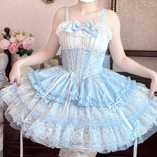 Mehrlagiger großer Balletcore-Schnürrock mit entbeinter Taille, süßer Lolita-Pullover, Schleppe, Schleifenrock, blau-weiß mit Saumspitze und