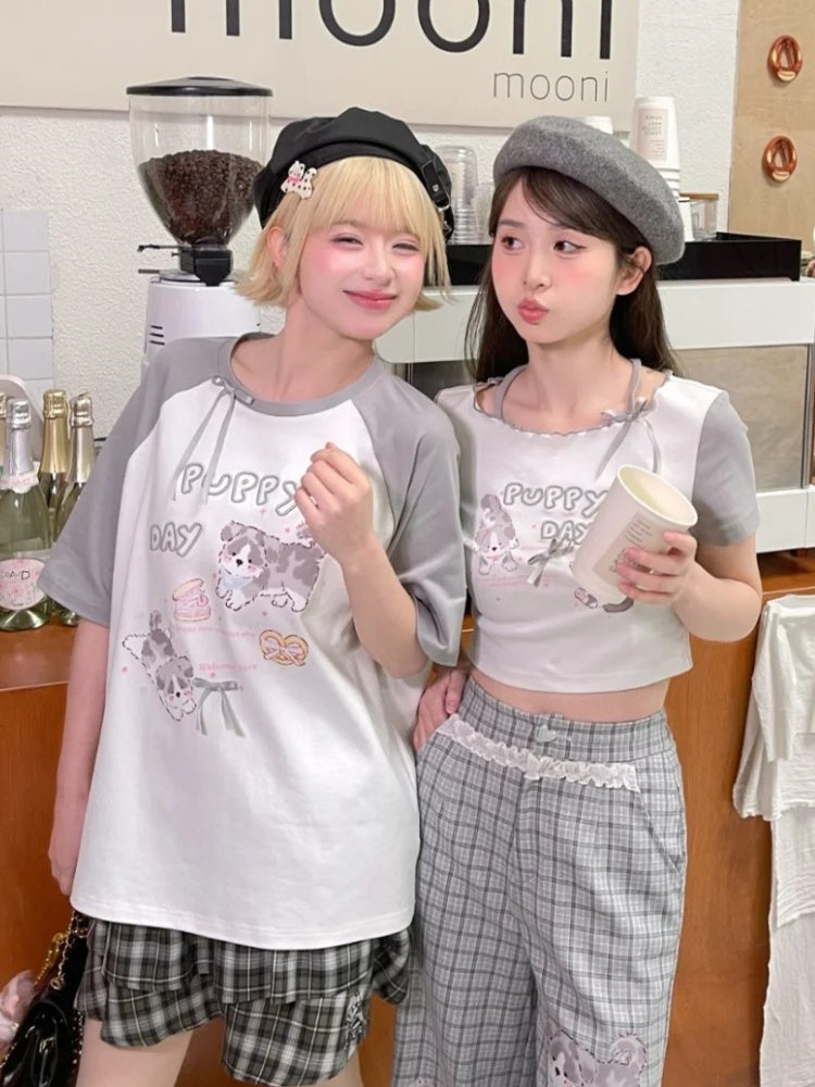 Gray Adorable Puppy Print Bowknot Long/Short Detail Version T-Shirt