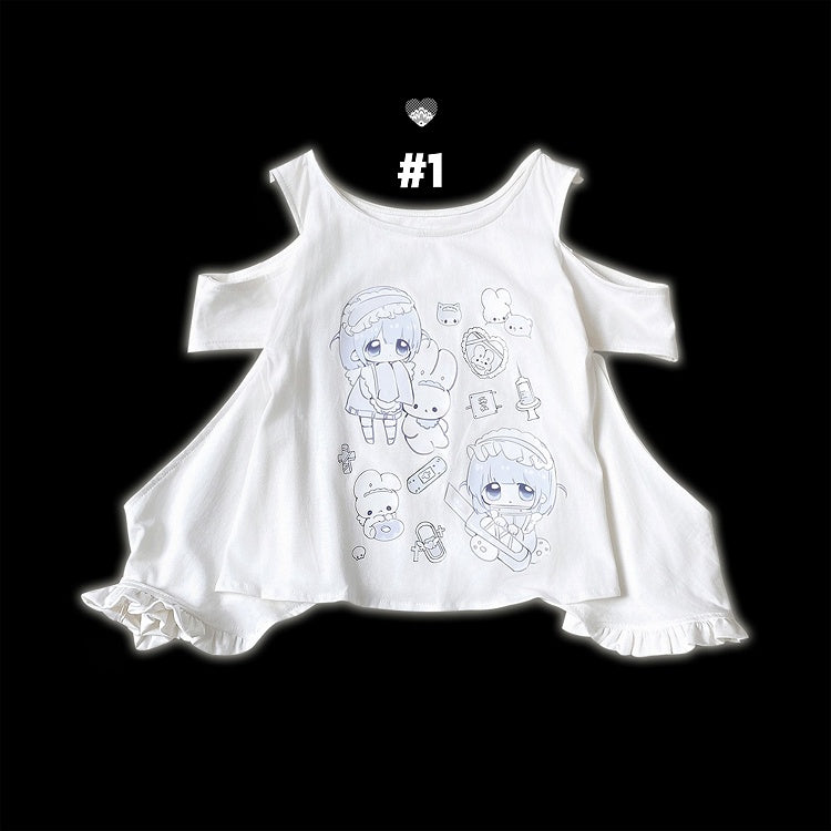 Yami Kawaii Cartoon Print Cutout Shoulder White Jirai Kei T-shirt