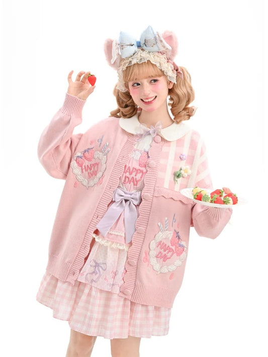 Yume Bowknots Strawberry Cake Embroidery Kawaii Lace Pink Knitted Cardigan