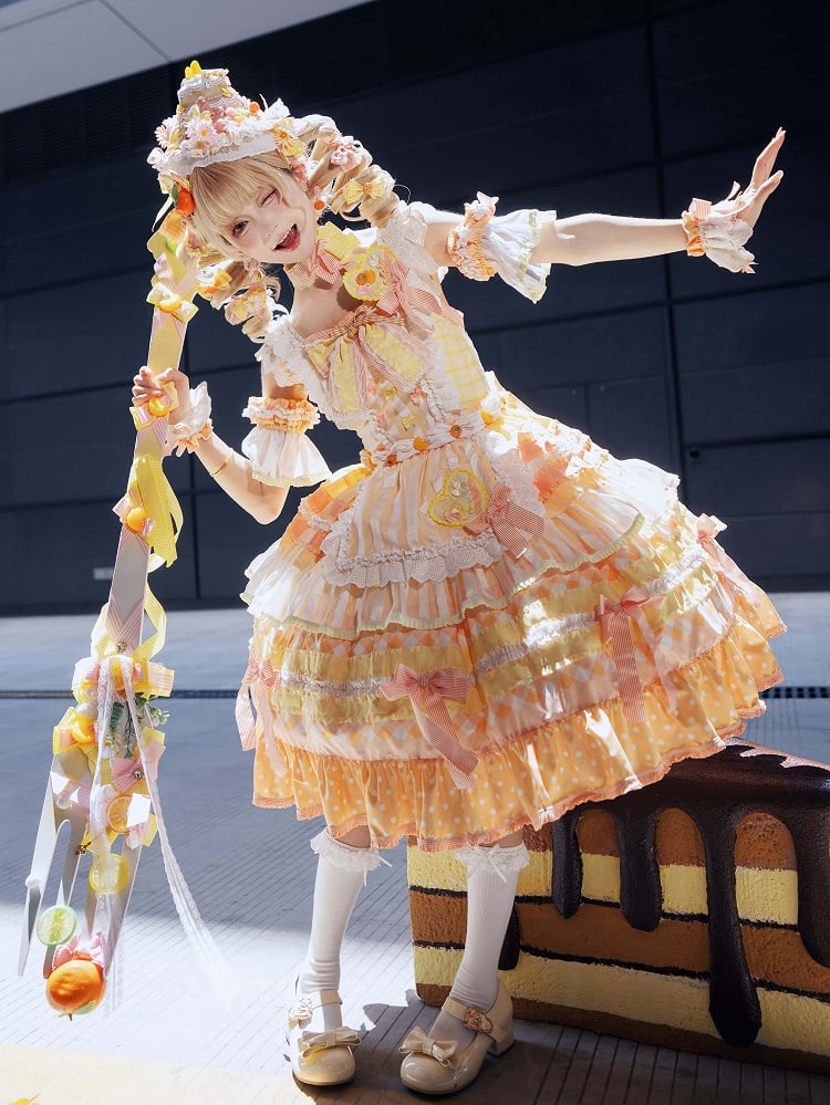 JSK Accents Tiered Sweet Persimmon Bow Lolita Full Cake Orange Set Skirt