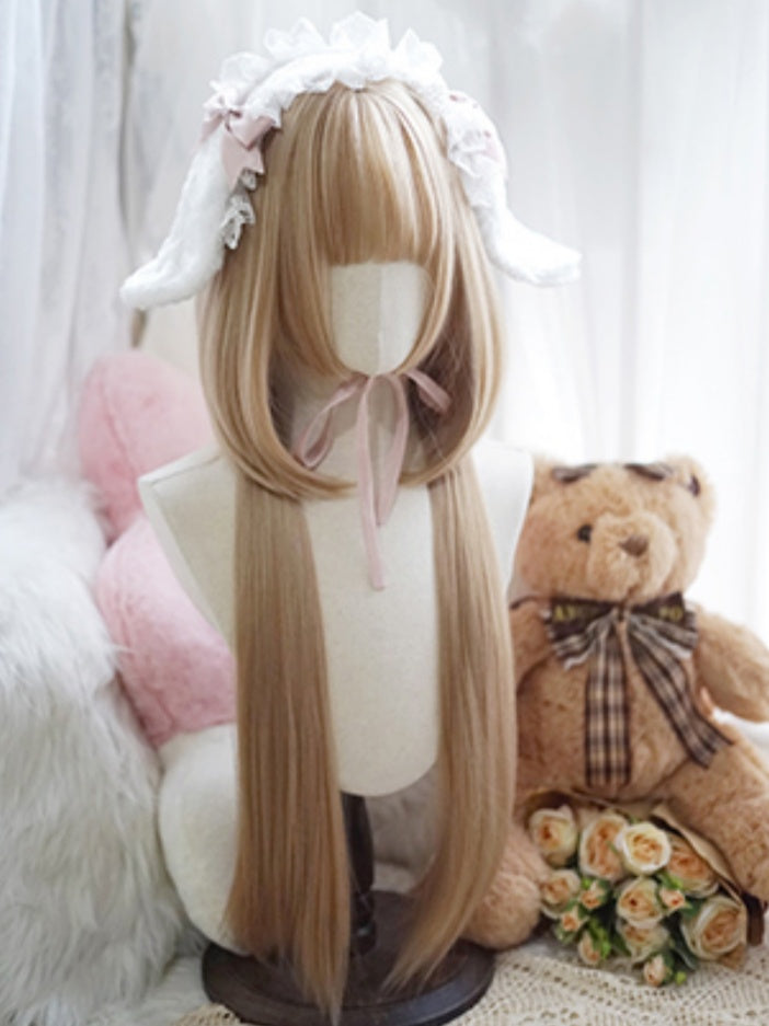 Milk White/Caramel/Orange/Pink&Black Waist Length Straight Wig With Full Bangs