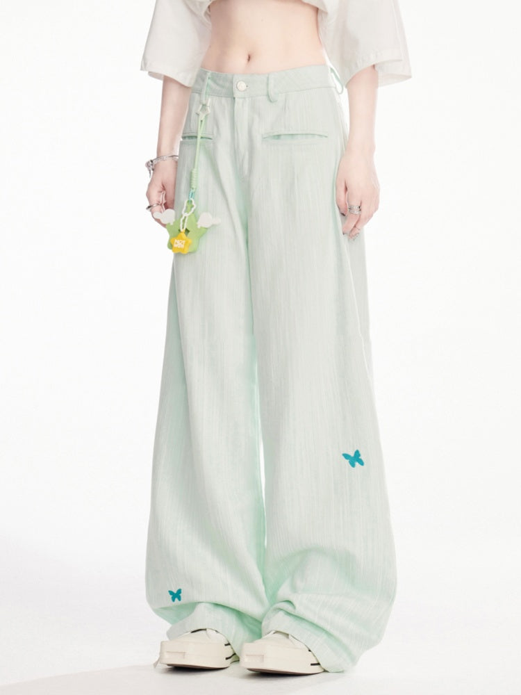 Mint Green Low Waist Butterfly Embroidery Wide-Leg Pants
