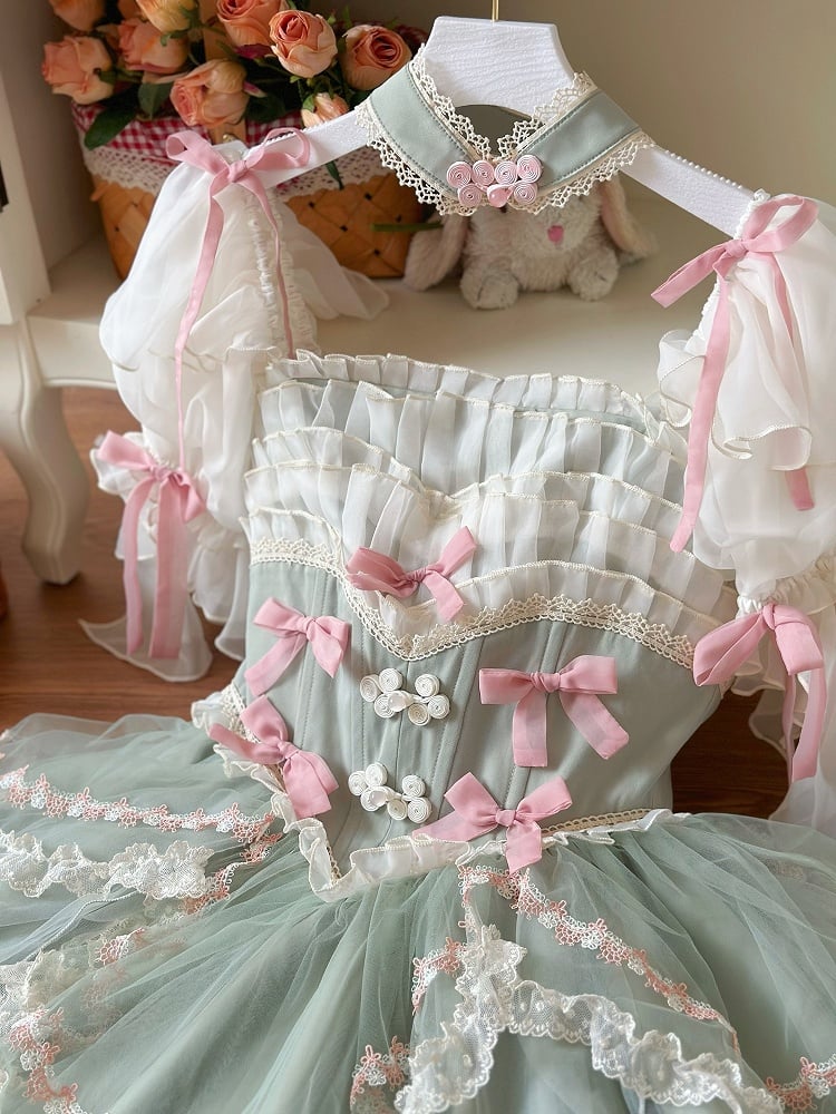 Grünes Baskenhemd mit floralen Schleifen und Hanayome-Lolita-OP / Komplettset