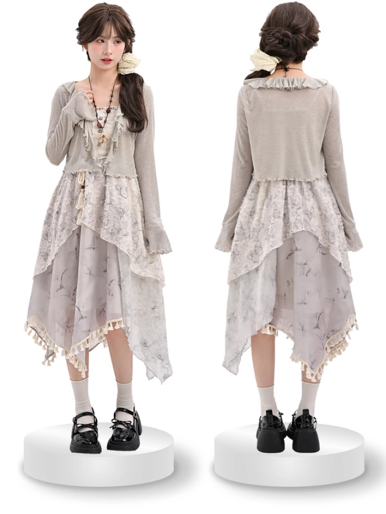 Ruffle Trim Open Placket Cardigan Grey