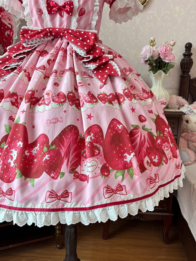 Set Strawberry Dress Sweet Lolita Short Sleeves Full Print Pink
