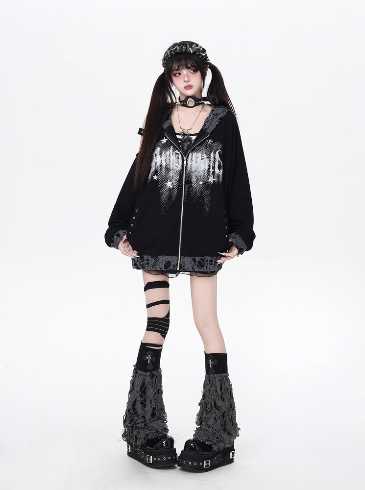 Zip-up Hooded Jacket with Distressed Holes and Cutout Shoulder White/Black