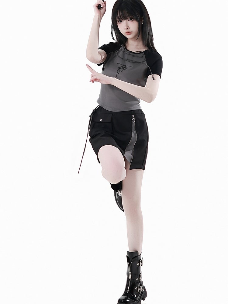 Graues Colorblock-Design und schwarzes Techwear-T-Shirt mit Schnürung vorne