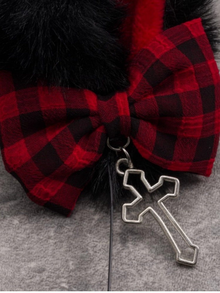 Black KC And With Cross Cat Bowknot Ear Charm Red Design Plaid Pattern
