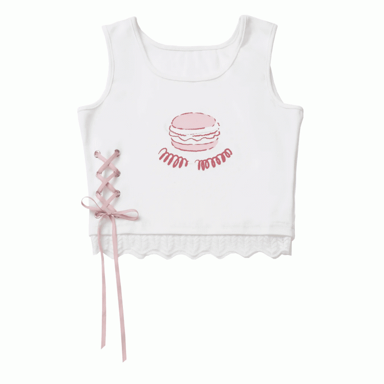Detail Trim White/Red Burger Print Lace Tank Top with Lace-up