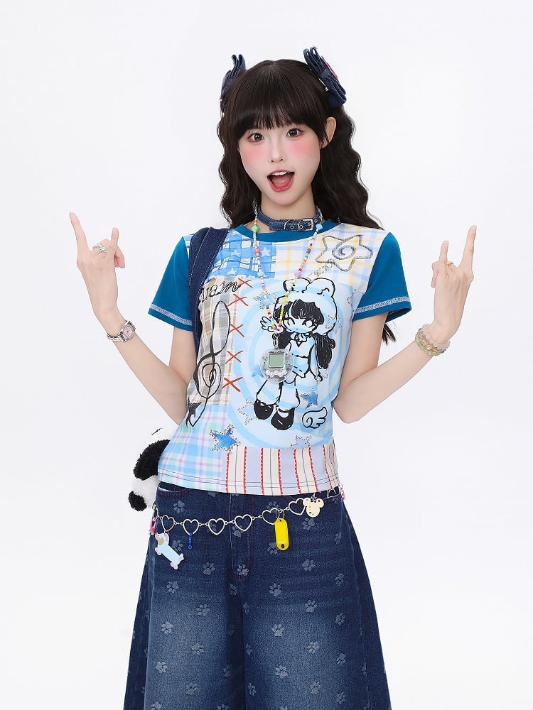 Slim-Fit T-shirt with Pink Cartoon Girl Print Blue/Apricot Plaid Patchwork