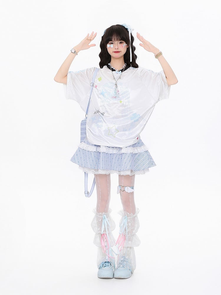 Blue/Pink Oversized Satin Short Sleeve T-Shirt with Clover